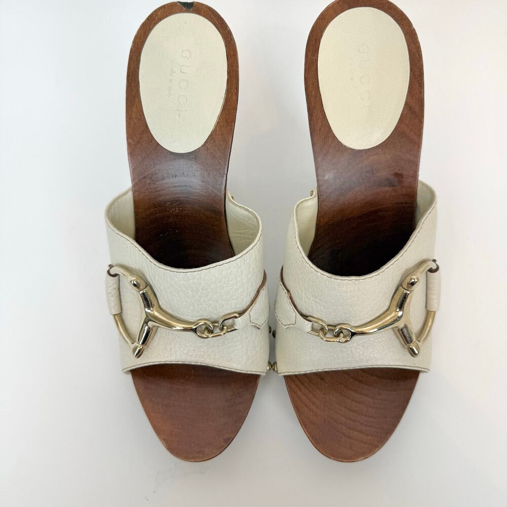 Gucci Leather Horsebit Wooden Clog Heels Sandal in Cream Off-White 7B - Picture 3 of 14